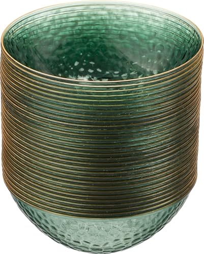 PLASTICPRO 30 Pack 12 Ounce Hammered Plastic Bowls Translucent Green with Gold Rim Heavyweight Disposable Plastic Soup Bowls Elegant Translucent Hammered Gold Rim Platsic Party Dishes
