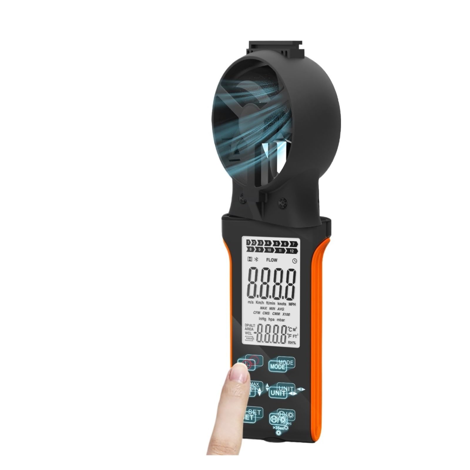Anemometro digitale portatile for la velocità del-vento- con pulsante a sfioramento e misuratore CFM con sensore ruotabile a 270º for HVAC
