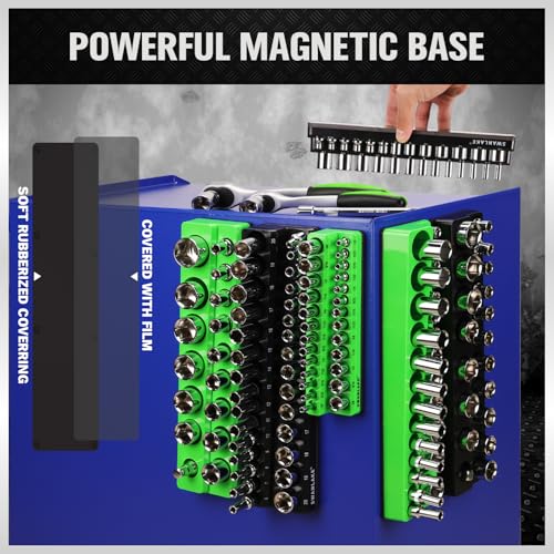Image of Magnetic Socket Organizer Holder Tool: 8PCS Set includes 2PCS 1 /4 inch, 4PCS 3 /8 inch, 2PCS 1 /2 inch Drive Socket Storage Trays Toolboxs, Holding 199 Slots Soft Rubber Covering Black Green (sockets not included)