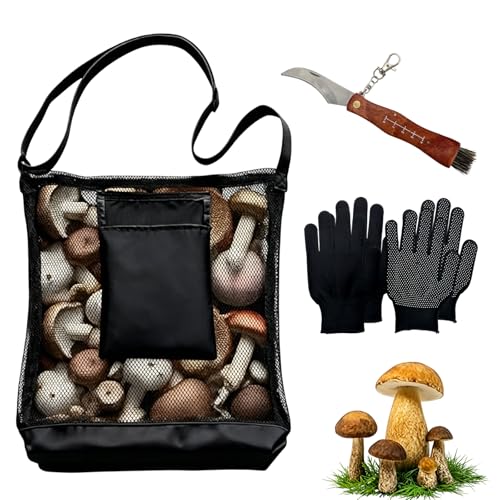 Pilzsammler Set Pilzmesser Mit Bürste Rutschfeste Handschuhe & Faltbare Pilztasche Zum Umhängen Pilze Set 4 Stück Ideal Zum Pilze Sammeln Zubehör Für Wandern Camping & Outdoor