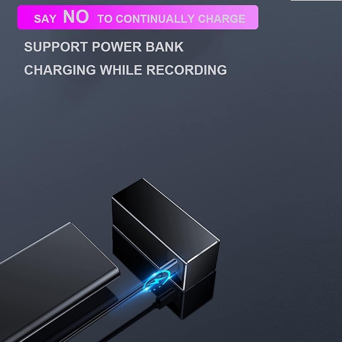 Image showing the CAPOXO voice recorder being charged by a power bank, with text indicating 'Charging while recording' is supported.