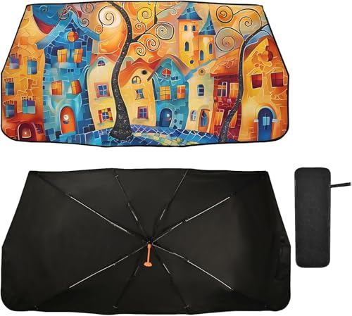 車用サンシェード 傘型 軽自動車 断熱 おしゃれ 遮光 フロントサンシェード 絵画 町 街 幾何学模様 人気 折り畳み式 フロントガラス UVカット