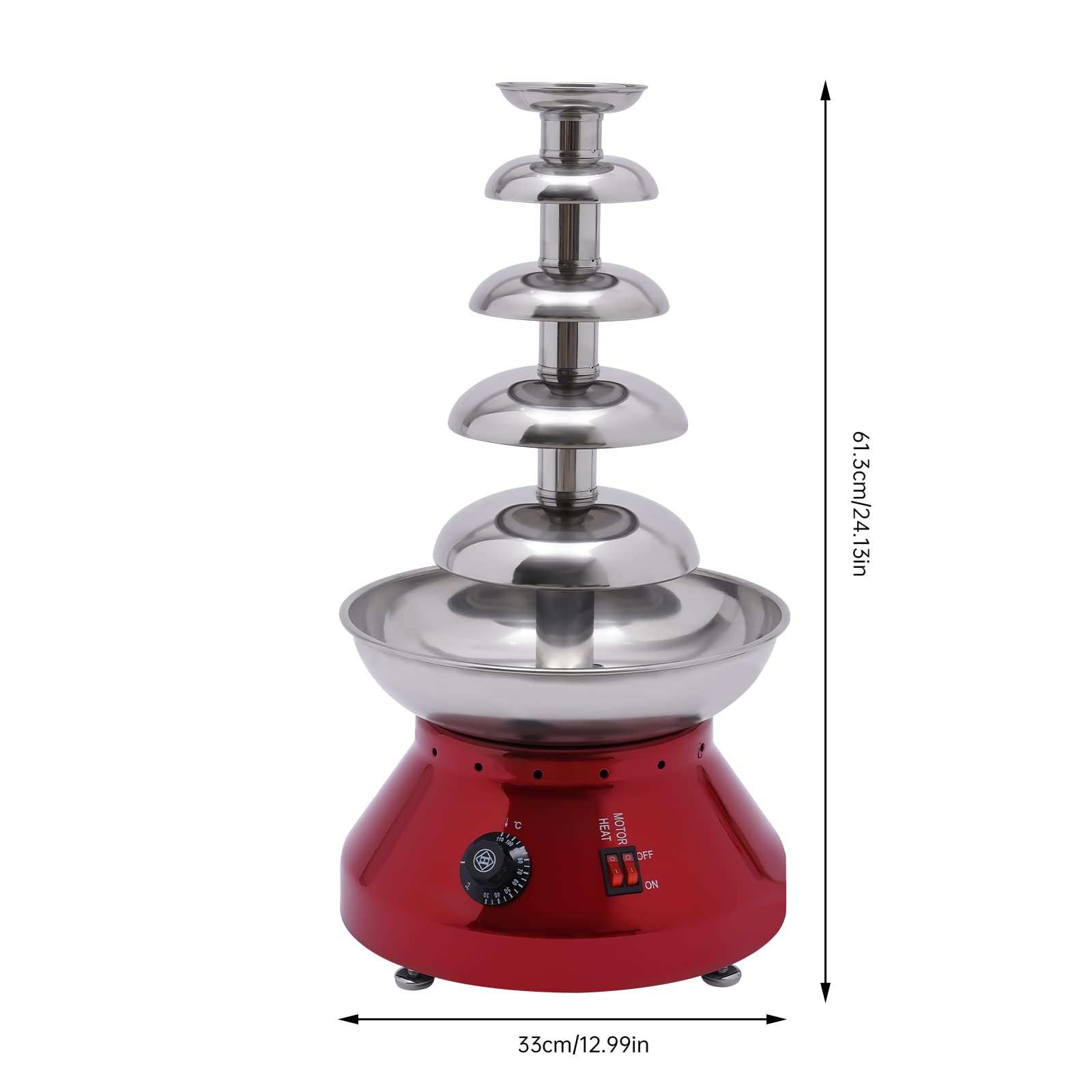 Chocolate Fountain Commercial Hot Chocolate Fondue Tower 7lb Large Capacity Stainless Steel Chocolate Melting Heating Machine for Nacho Cheese Liqueurs Party Wedding Red(5 Tier)