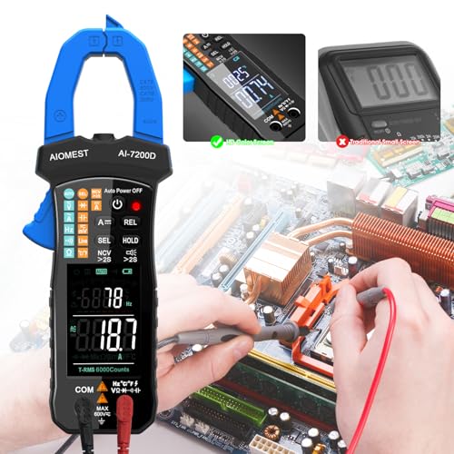 Image of AIOMEST Digital Clamp Meter, 6000 Counts Handheld Multimeter Slim Voltage Tester Auto-Range 60A /400A True-RMS w /NCV, DC & AC, Temp, Volt Ammeter AI-7200D