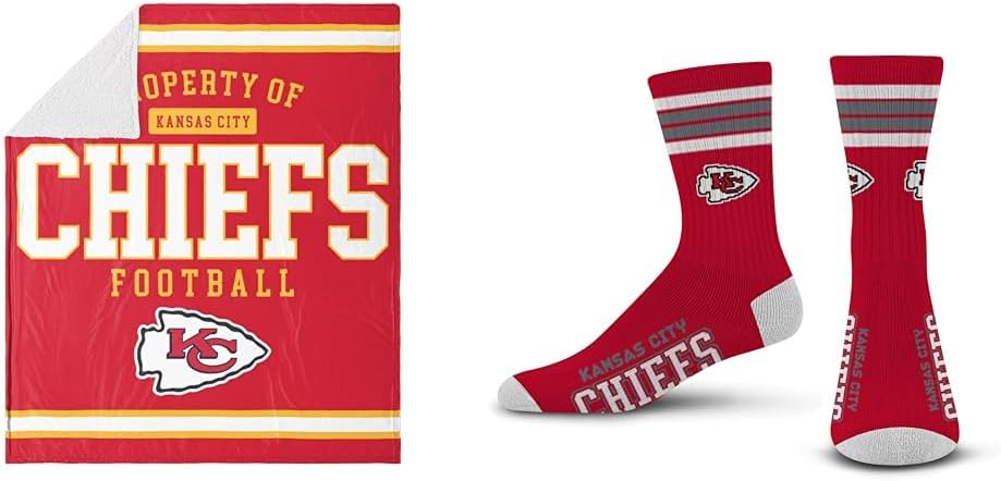 FOCO Kansas City Chiefs NFL Team Property of Sherpa Fleece Blanket & for Bare Feet NFL 4 Stripe Deuce Crew Sock, Kansas City Chiefs, Medium