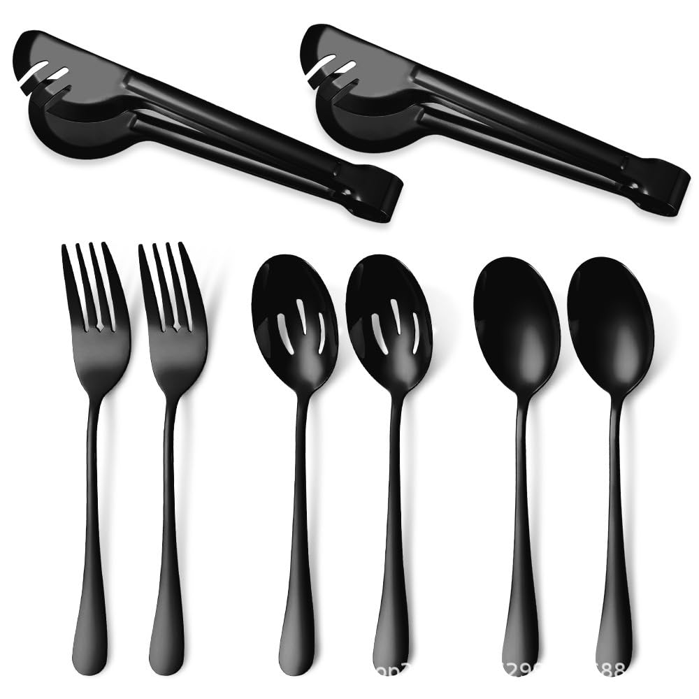 Este Juego de Cubiertos de Acero Inoxidable de 8 Piezas Incluye Tenedor, Cuchara, colador, Pinzas Multiusos para Carne y Cuchara para Servir. Disponible en Oro Rosa (10 Piezas) y Negro (8 pi