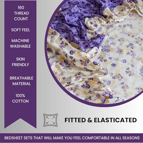Image of Swayam Pure Cotton King Fitted Bedsheet with 2 Pillow Covers | Size 72 x 78 x 10 inch | 160 TC | Floral Design | Soft Breathable Bed Sheet | Comfortable & Durable for Bedroom - Cream & Purple