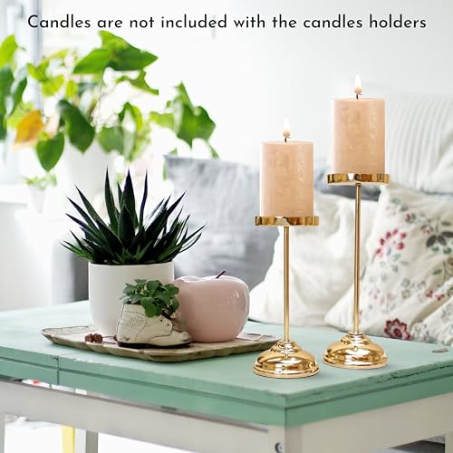 Image of Behoma Handcrafted Large Metal Pillar Candle Holders | Table Centerpieces Coffee Tables or Fireplace Mantels | Solid Candles Stand for Christmas, Home Decor, Gift, Valentine's Day | Gold, Set of 2 | Oval stainless steel platter with brass leaf handle, 13 inch; elegant serveware for Navratri & Durga Puja.