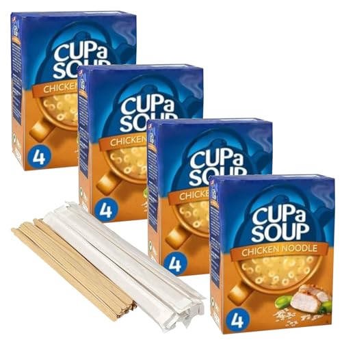 Chicken Noodle Instant Cup Soup - 16 Sachets Bundle - with 4 x Boxes of Delicious Chicken Noodle Cup a Soup - Quick & Easy Comfort Food. Includes 16 x Individually Wrapped Stirrers