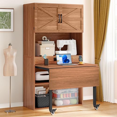 DWVO Sewing Craft Table with Storage, Craft Armoire with Fold-Out Table and USB Power Outlets, Large Capacity Sewing Cabinet with Adjustable Shelves for Home or Studio - Image 3