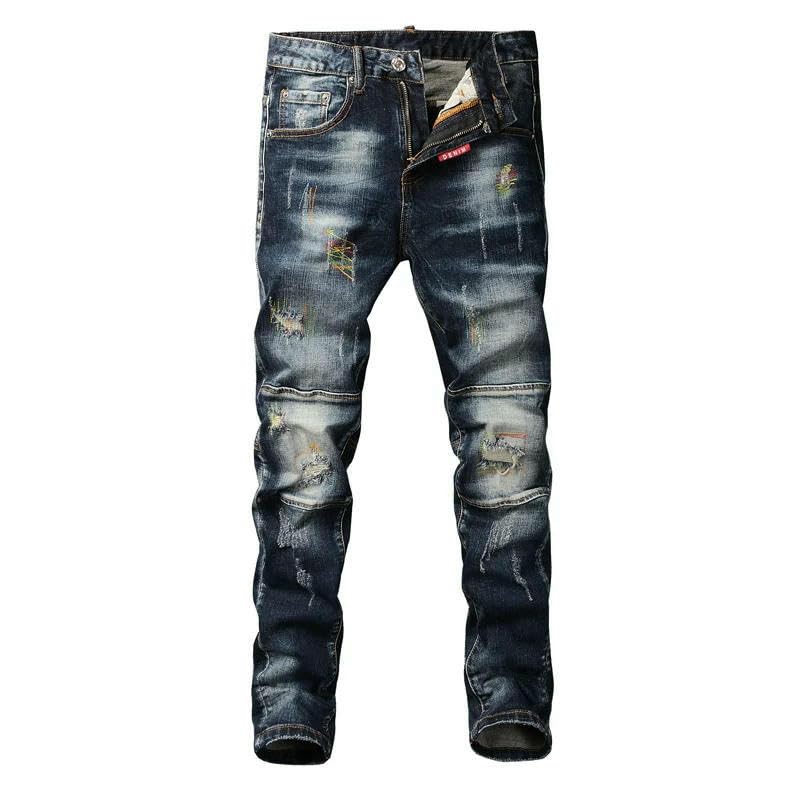 Streetwear Mens Jeans Trousers Retro Black Blue Elastic Slim Fit Ripped Men Spliced Embroidery Hip Hop Denim Pants3