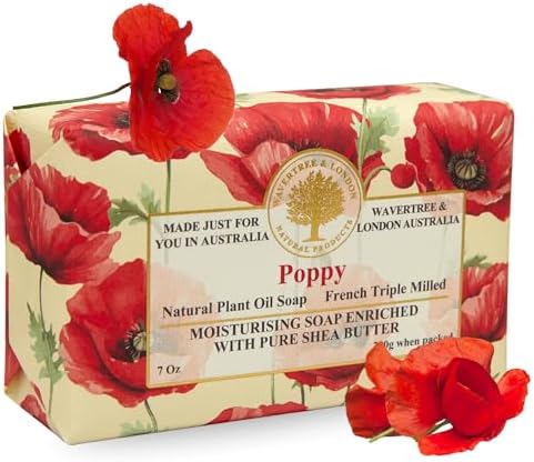 Wavertree & London Poppy Scented Natural Soap Bar, 7oz Moisturizing French Triple Milled Soap Bar for Women & Men Enriched with Organic Shea Butter, Pure Bath & Body Soap (1 Bar)