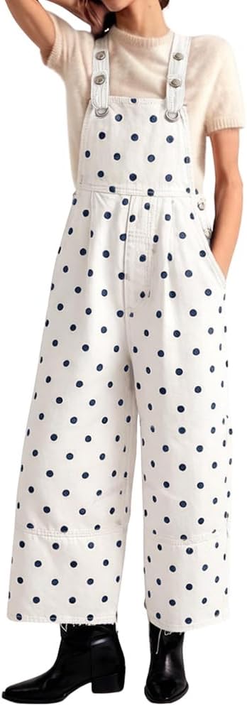 chouyatou Women's Y2K Polka Dot Denim Bib Overalls Distressed Wide Leg Boyfriend Baggy Jeans Jumpsuits