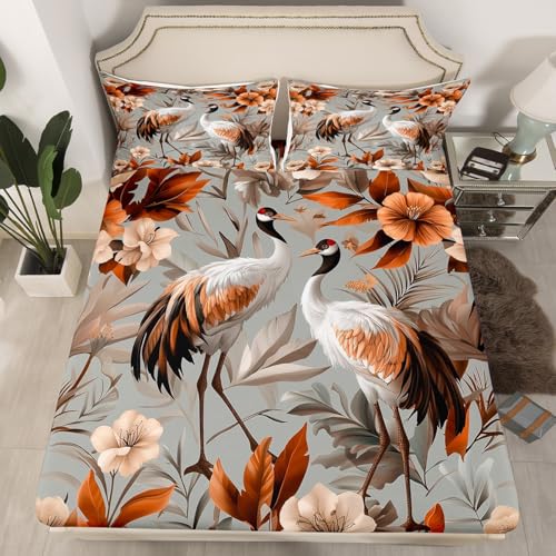Wild Crane Fitted Sheet Twin Size Nature Tropical Flower Bedding Set 2Pcs(No Flat Sheet) Watercolor Leaves Botanical Bed Sheet for Boys Girls Teens Room Decor Luxury Aesthetic Deep Pocket Sheet