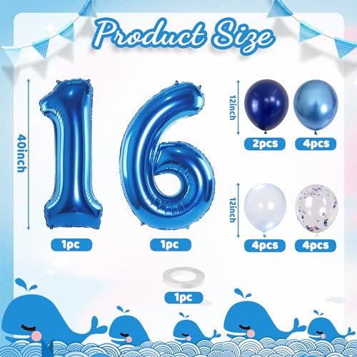 Image of 16 Balloon Number Blue, Big Number 16 Balloon Pastel Navy Dark Blue with Metallic Silver Confetti Balloon for Boys 16th Birthday, Foil 40'' Self Inflating Balloon 16 for Anniversary Party Decorations