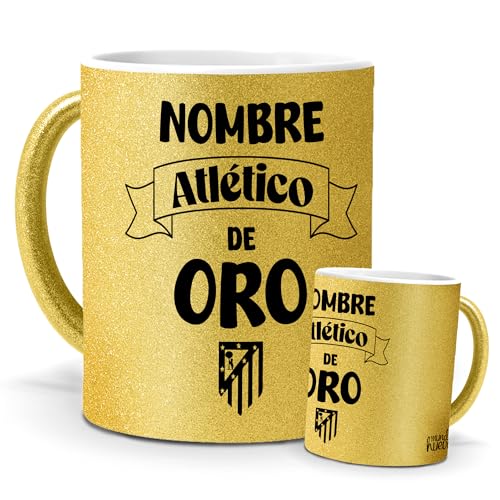 Taza Atletico personalizada | Tu nombre + Atletico de oro | regalo original colchoneros | Para niños y mayores | Cerámica Purpurina oro | Tazas de Café, Té... | Tazas equipos de futbol | 350 ML