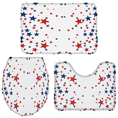 Independence Day 3-teiliges Badematten-Set mit roten und blauen Sternen, Badezimmermatten für den 4. Juli, Dekorationen…