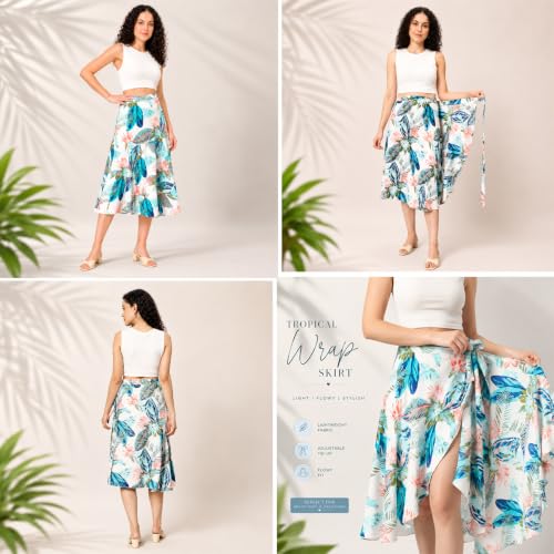 Image of Women's Floral & Animal Print Wrap Skirt - Midi Length A-Line Summer Skirt with Side Tie-Up, Tropical Cheetah Tiger Casual Beach Wear