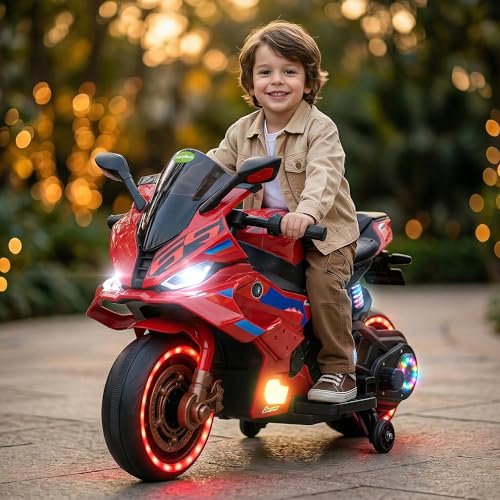 Image of Baybee TORQ Baby Battery Operated Bike for Kids | Ride on Toy with LED Light, Bluetooth & Music | Rechargeable Battery Bikes with Hand Accelerator | Baby Electric Bike for Kids 1 to 5 Years (Dark Red)