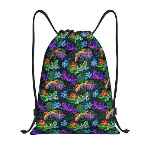 VOSERY Drawstring Backpacks, Artistic Colorful Gecko Lizard Draw String Back Bags for Men Women Gym Sports Swimming Travel