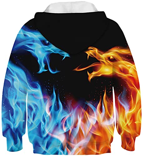 Aluwu Boys Girls Hoodies Kids 3D Print Pullover Sweatshirts With Pocket Cool Funny Long Sleeve Hooded Cute Graphic Comfy Yellow Blue Flame Dragon Hoody For Teens Size 13-14T #TOP1