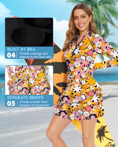 WOWENY 2 Piece Long Sleeve Rash Guard Set Long Sleeve Swimsuit with Built-in Bra Zip Front Swim Shirt Dress with Shorts4