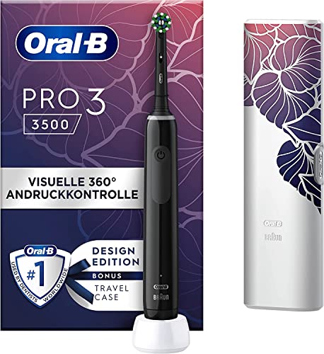 Oral-B PRO 3 3500 Elektrische Zahnbürste/Electric Toothbrush, mit 3 Putzmodi und visueller 360° Andruckkontrolle für Zahnpflege, Reiseetui floral, Geschenk Mann/Frau, Designed by Braun, schwarz