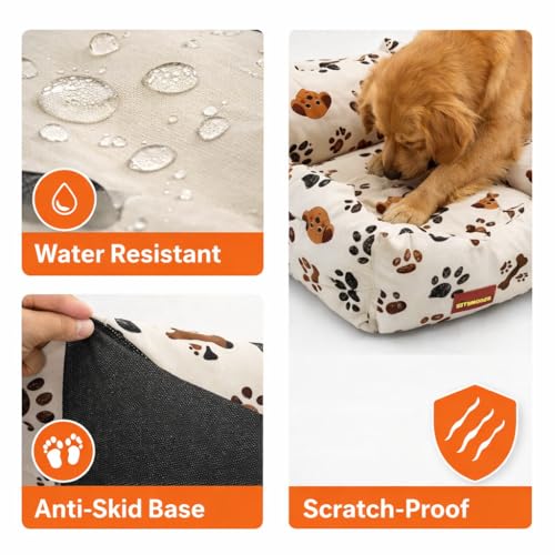 Image of SITSNOOZE Small Dog Bed (Up to 5kg) for Shih Tzu, Pomeranian, Chihuahua Puppies - Plush Soft Washable Bed, Orthopedic Cushion, Indoor Waterproof Anti-Slip Bottom Pet Mattress (Beige Printed, S)