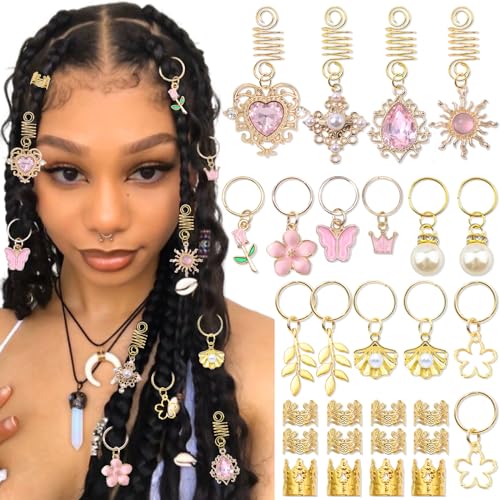 VENOFEN 36PCS Pink Crystal Hair Jewelry Butterfly Braids Clips Flower Loc Jewelry Pearl Hair Charms Gold Hair Cuffs Rings Valentines Day Braids Accessories for Women and Girls