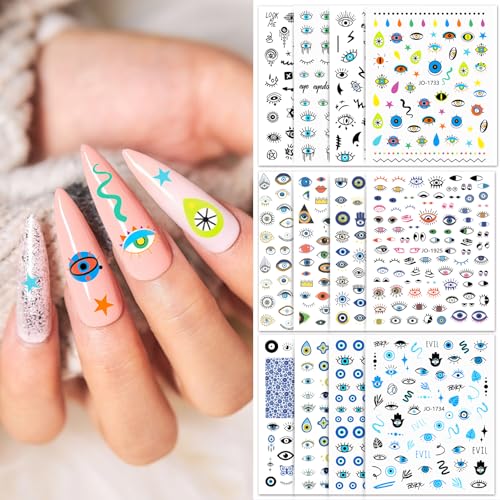 12 Sheets Evil Eye Nail Art Stickers Decals Self Adhesive Pegatinas Uñas Turkish Blue Eye Hamsa Hand Eye of Fatima Manicure Tips Devil Eye Nail Decoration for Women Girls Gift 807-7