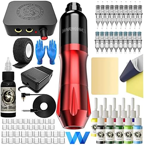 Tattoo Kit Tattoo Machine Kit 20 Tattoo Cartridge Needles 10 Color Tattoo Inks with Foot Pedal, Power Supply, RCA Tattoo Cord, Tattoo Machine for Tattoo Artists and Beginners WTK079