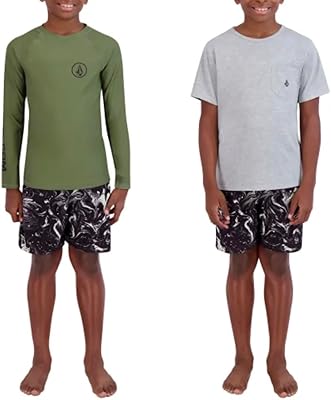 Volcom Youth Boy's 3 Piece Swim Set, Tee, Swim Short and Rashguard