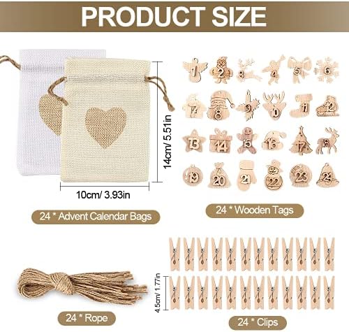 Christmas Advent Calendar Bags, 24pcs Christmas Jute Bags, Christmas Countdown Calendar Bag, Make Your Own Advent Calendar, DIY Advent Calendar Bags, with 24 Number Wooden Tags + Wooden Clamp + Cord