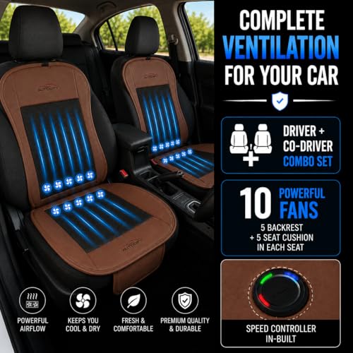 Image of Car Ventilated Cooling Seat Cushion Cover with 10 Powerful Fans & 3 Adjustable Cooling Levels, Breathable Fabric + Brown Leather Universal Fit for All Cars, Large Airflow