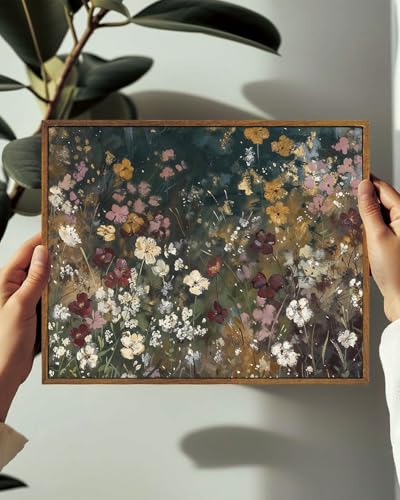 Image of KISSFOX Vintage Framed Wall Art Decor Moody Wildflower Pictures Wall Decor Rustic Floral Canvas Art Prints Natural Modern Farmhouse Paintings Artwork For Bedroom Living Room