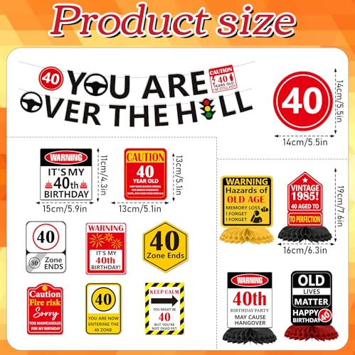 Image of 40th Birthday Decorations for Men Women - 14PCS Over the Hill 40 Birthday Banners Hanging Swirls Honeycomb Centerpieces Party Decor, Waring Traffic Road Sign Forty Years Old Bday Supplies
