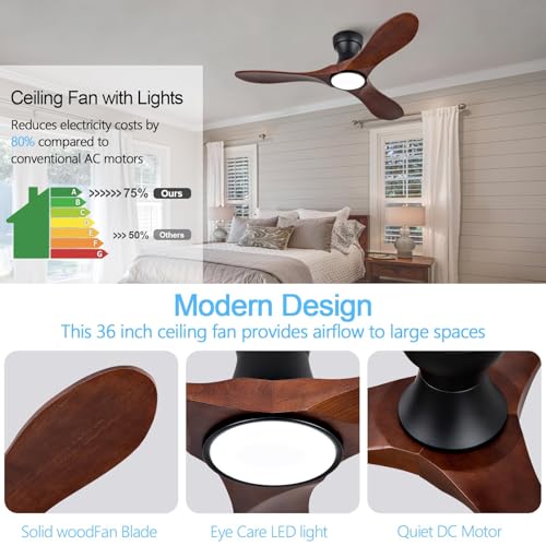 Image of 42 Inch Wood Flush Mount Ceiling Fans with Lights and Remote, Dimmable 3 Blade Wood Bedroom Ceiling Fan Outdoor Ceiling Fans for Patios Low Profile Ceiling Fan with Light for Bedroom Living Room