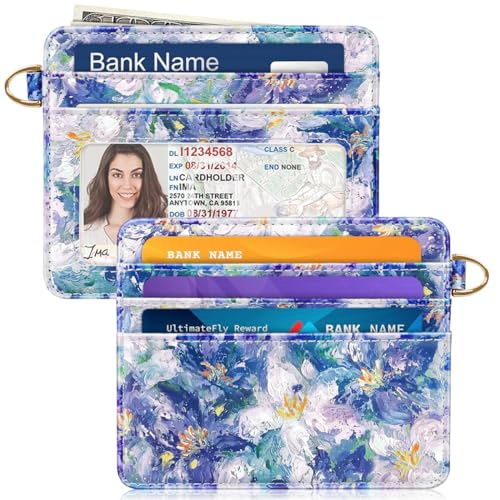 Image of Slim Minimalist Pocket Credit Card Holder Wallet Women | RFID Blocking Lightweight Thin Small Cute Card Cases, Blue Flowers