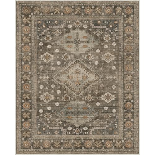 GENIMO 8x10 Area Rugs for Living Room, Machine Washable Low Pile Rugs, Non Slip Vintage Rug for Bedroom, Dining Room, Home Office, Kitchen, Distressed Deep Brown