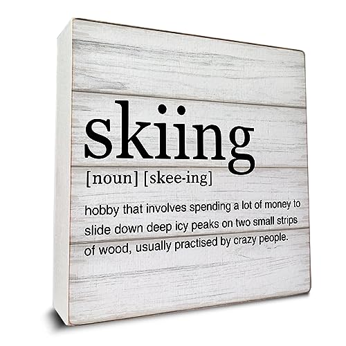 Skier Gift Skiing Definition Wooden Box Sign Ski Quotes Desk Decorative Wooden Sign Home Decor for Desk Table Shelf 5 x 5 Inches