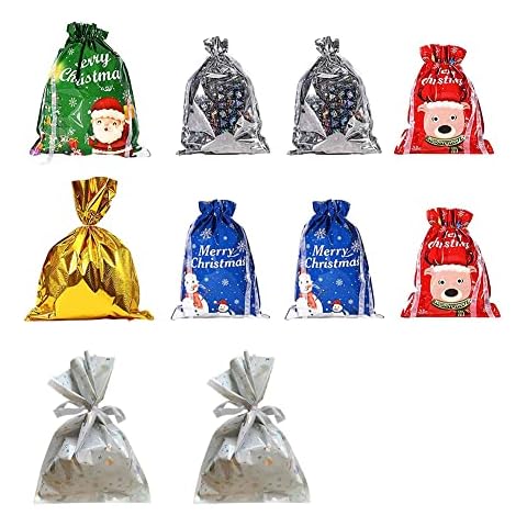 AOMiGT Candy Bags, Small Gift Bags, 10 Pieces Christmas Cookie Bags, Christmas Gift Bags, Children's Birthday, Colourful Gift Bags, Party Bags, Gift Bag with Drawstring Ribbon Cover