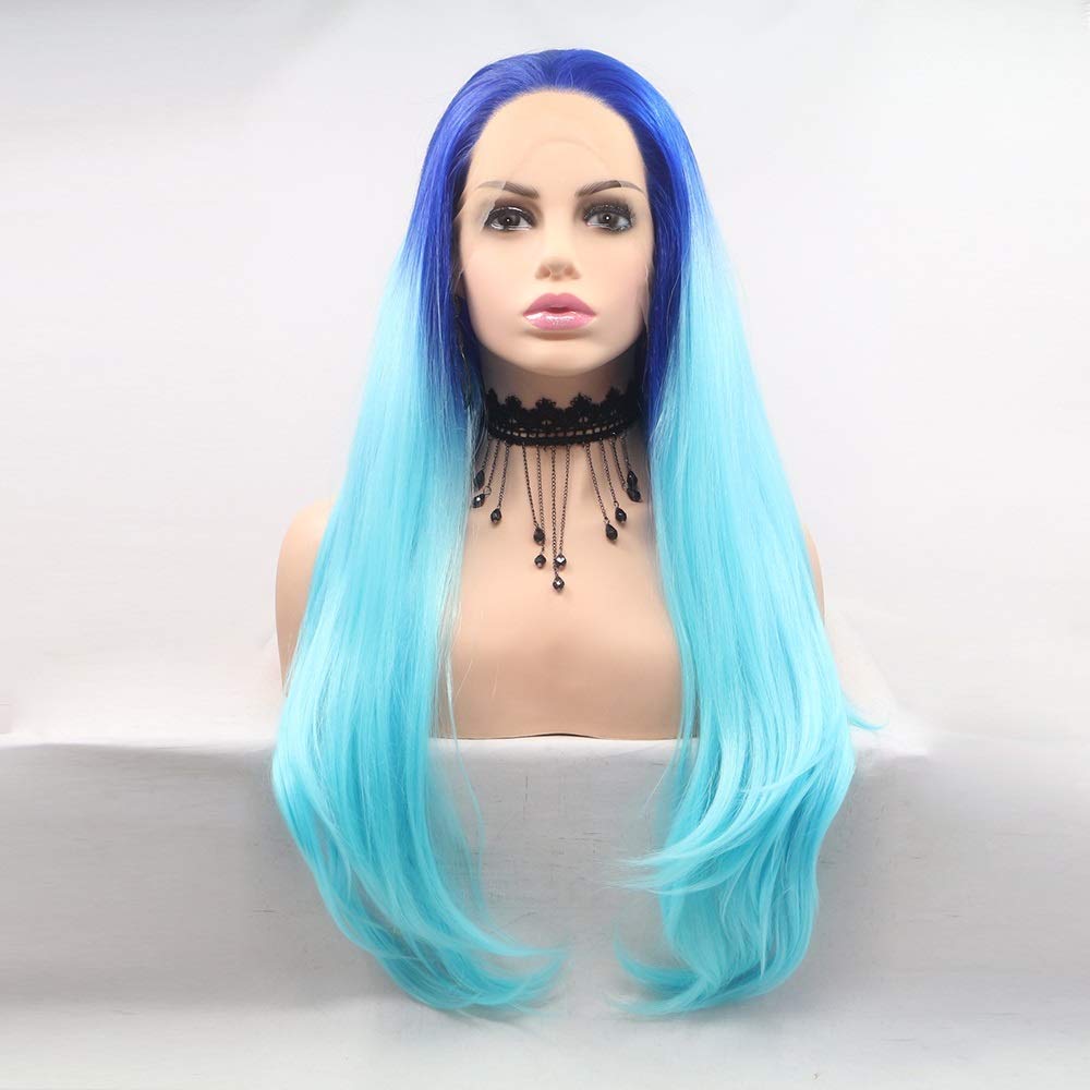 Perruque lace faite main dégradé bleu long lisse style américain