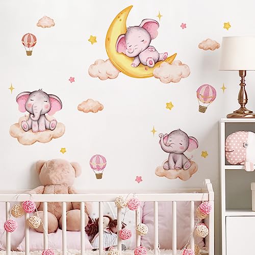 iMagitek Pink Dream Elephant Wall Decor, Gold Moon Pink Hot Air Balloon Stars Wall Decals for Baby Nursery Girls Bedroom Wall Decorations