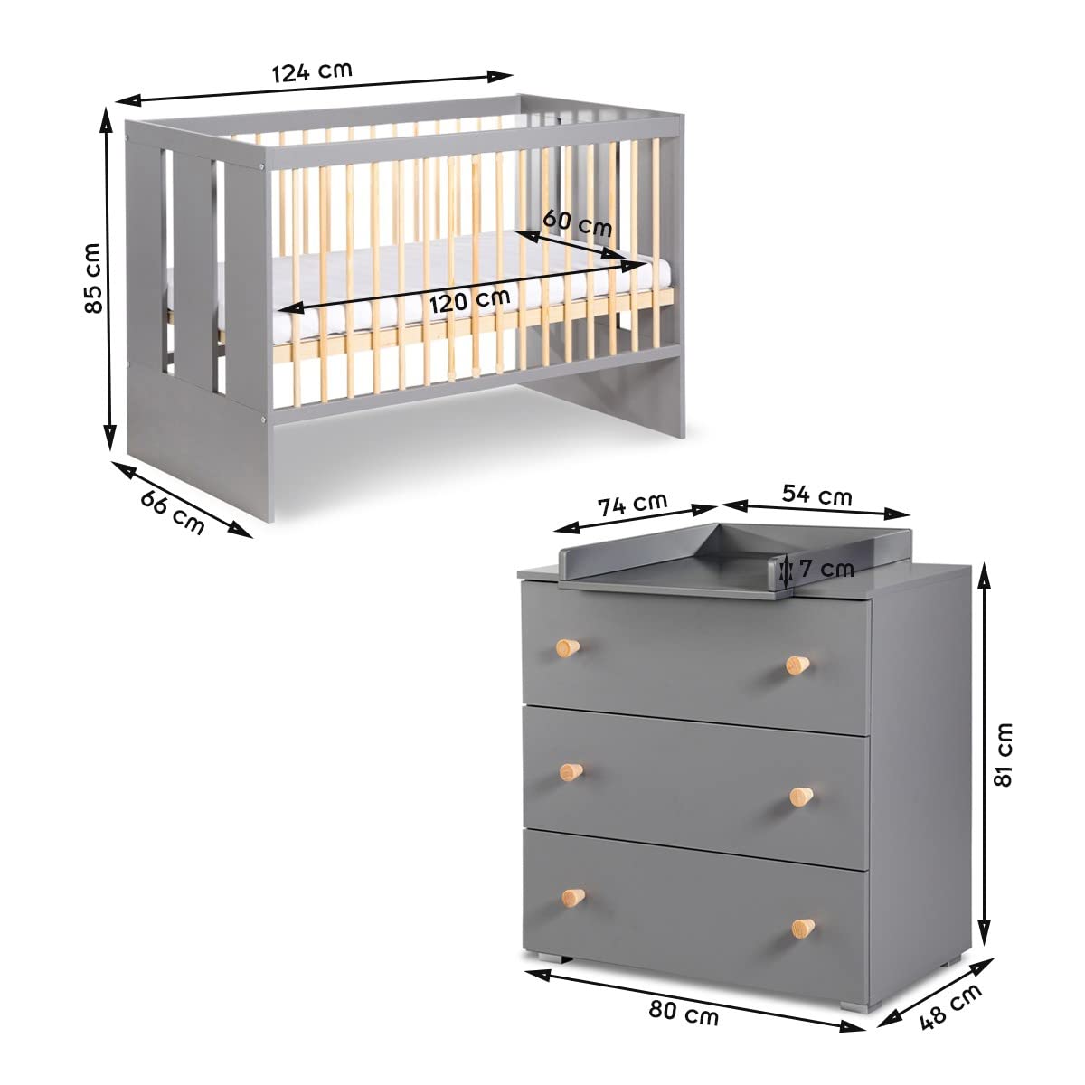 Mon Mobilier Design Pauline Ensemble Commode à Langer + lit bébé Gris/Bois 120x60 cm