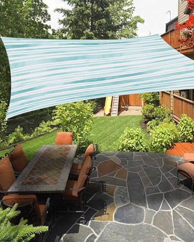 Boanket Sun Shade Sail 6.5' x 10', Teal Striped UV Block Sun Sails Shades for Outdoor Decor, Watercolor Teal White Stripes Shade Cloth for Patio Deck Terrace Garden Lawns Beach Backyard