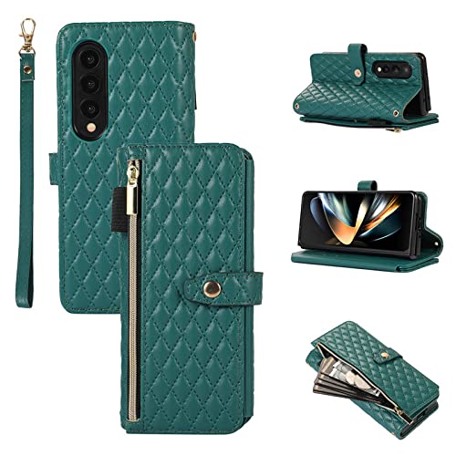 Étui en cuir pour Samsung Z Fold 3 4 avec cordon long et portefeuille zippé vert