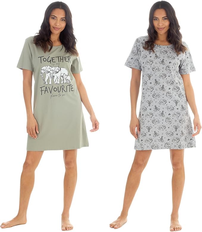 GM Apparel Paquete de 2 camisones para mujer, 100% algodón, ropa de dormir de manga corta, ropa de dormir para mujer, ropa de descanso para mujer, camisones de verano, elefante, M