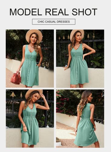 Blencot Women's Summer V Neck Button Front Midi Dress Casual Sleeveless Pleated Swing T-Shirt Dresses Green L #TOP3