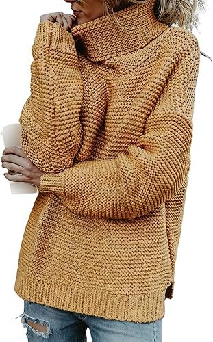 Women's Long Sleeve Oversized Turtleneck Sweaters Side Slit Batwing Jumper Tops Casual Loose Pullover Sweatshirts (Khaki 2,3X-Large)