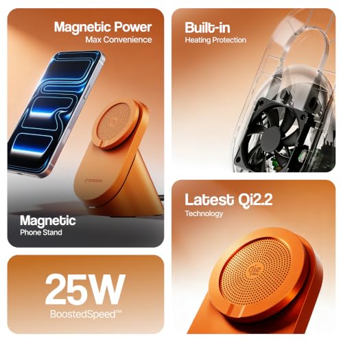 Image of Ambrane 25W Qi2.2 Magsafe Wireless Charger with Stand & Heat Control Mechanism, Perfect for Table, Fast Charge 40% in Just 30 Mins Wirelessly for iPhone 12-17 All Models (AerosynQ 4, Orange)